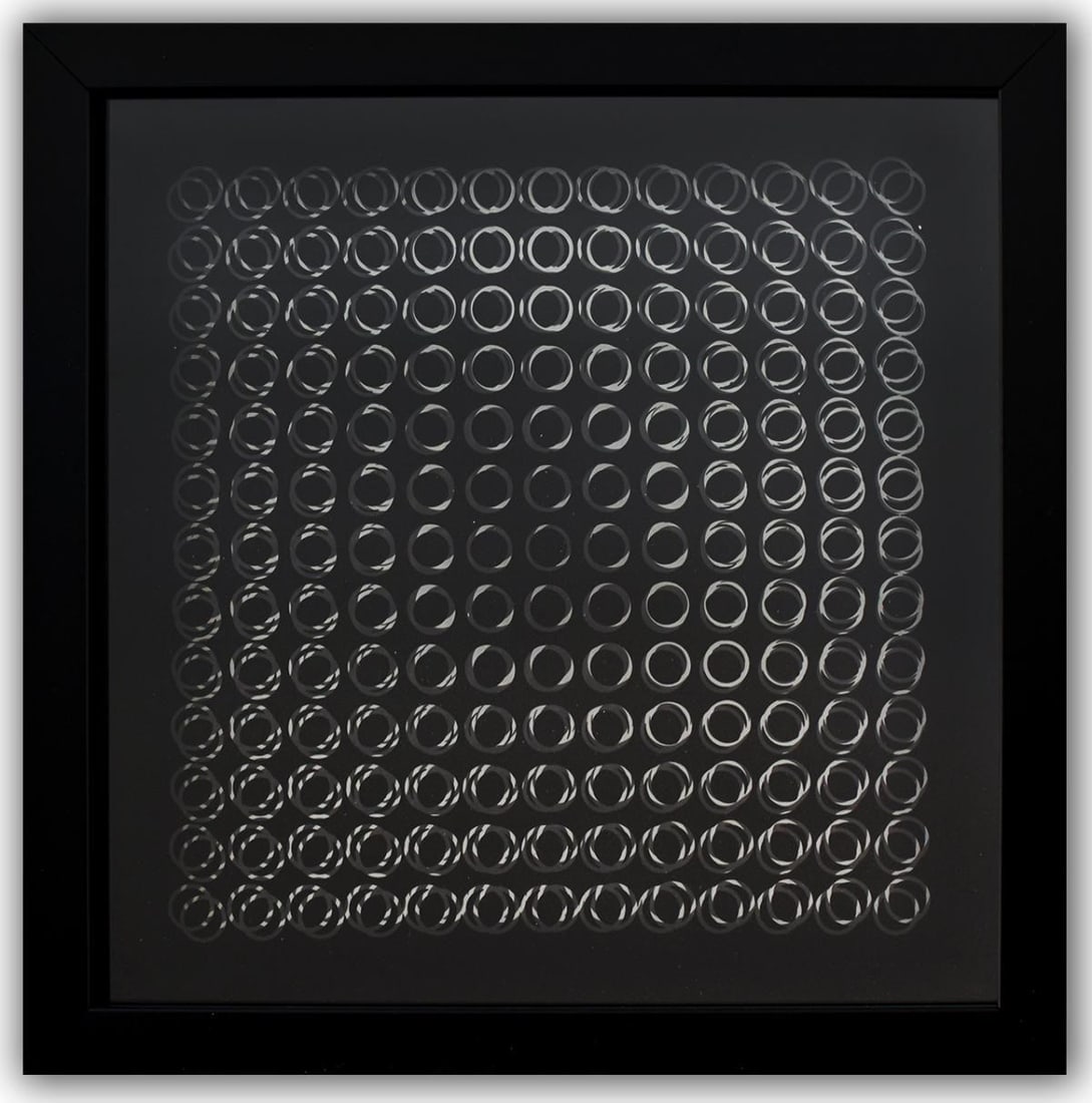 Victor Vasarely- 3D Wall Sculpture/object "Cinetiques": Artist: Victor Vasarely. Medium: 3D Wall Sculpture/object. Title: Cinetiques. Size: 10" x 10". Measures approx. 12" x 12" (framed). Additional: Custom Framed. 2 layers- Top layer printed on clear Luci