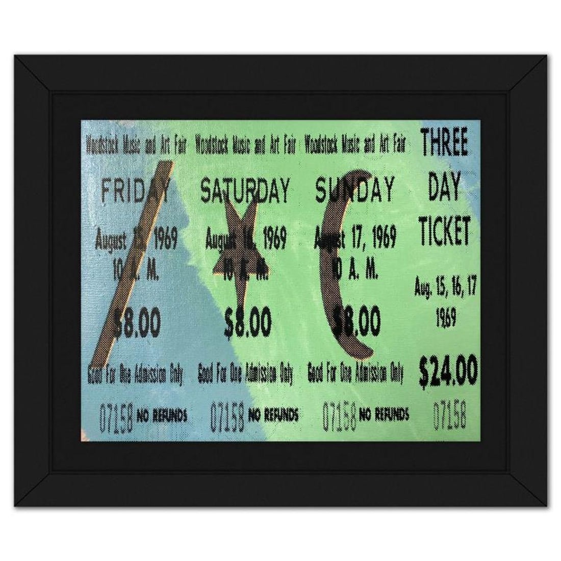 Steve Kaufman (1960-2010), "Woodstock Ticket" Framed Hand Embellished Limited Edition Silscreen,: Woodstock Ticket is a hand embellished limited edition silkscreen on canvas by Andy Warhol protege, Steve Kaufman (1960-2010), numbered 48/50 inverso and hand signed by the artist. This piece comes cu