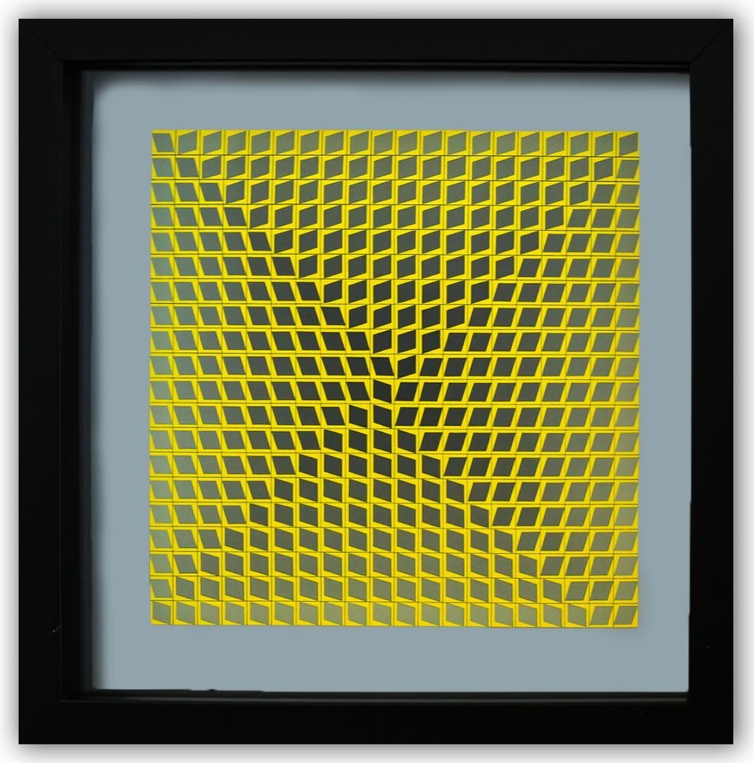 Victor Vasarely- Heliogravure Print "Untitled": Artist: Victor Vasarely. Medium: Heliogravure Print. Title: Untitled. Size: 11" x 11". Measures approx. 12" x 12" (framed). Certificate of Authenticity: Is Included. Additional: Custom Framed.