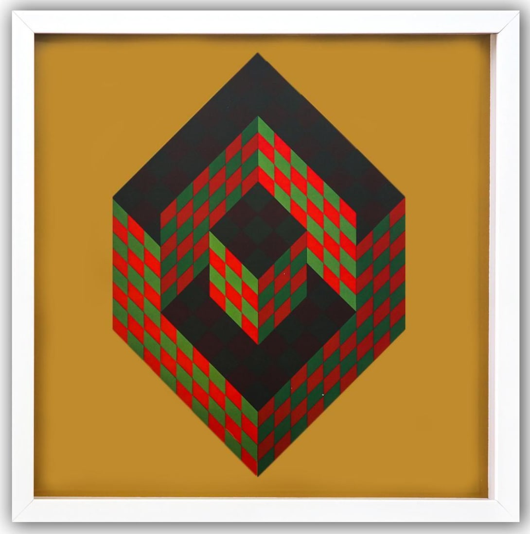 Victor Vasarely- Heliogravure Print "Untitled": Artist: Victor Vasarely. Medium: Heliogravure Print. Title: Untitled. Size: 10" x 10". Measures approx. 12" x 12" (framed). Additional: Custom Framed. Reference#: 21439.