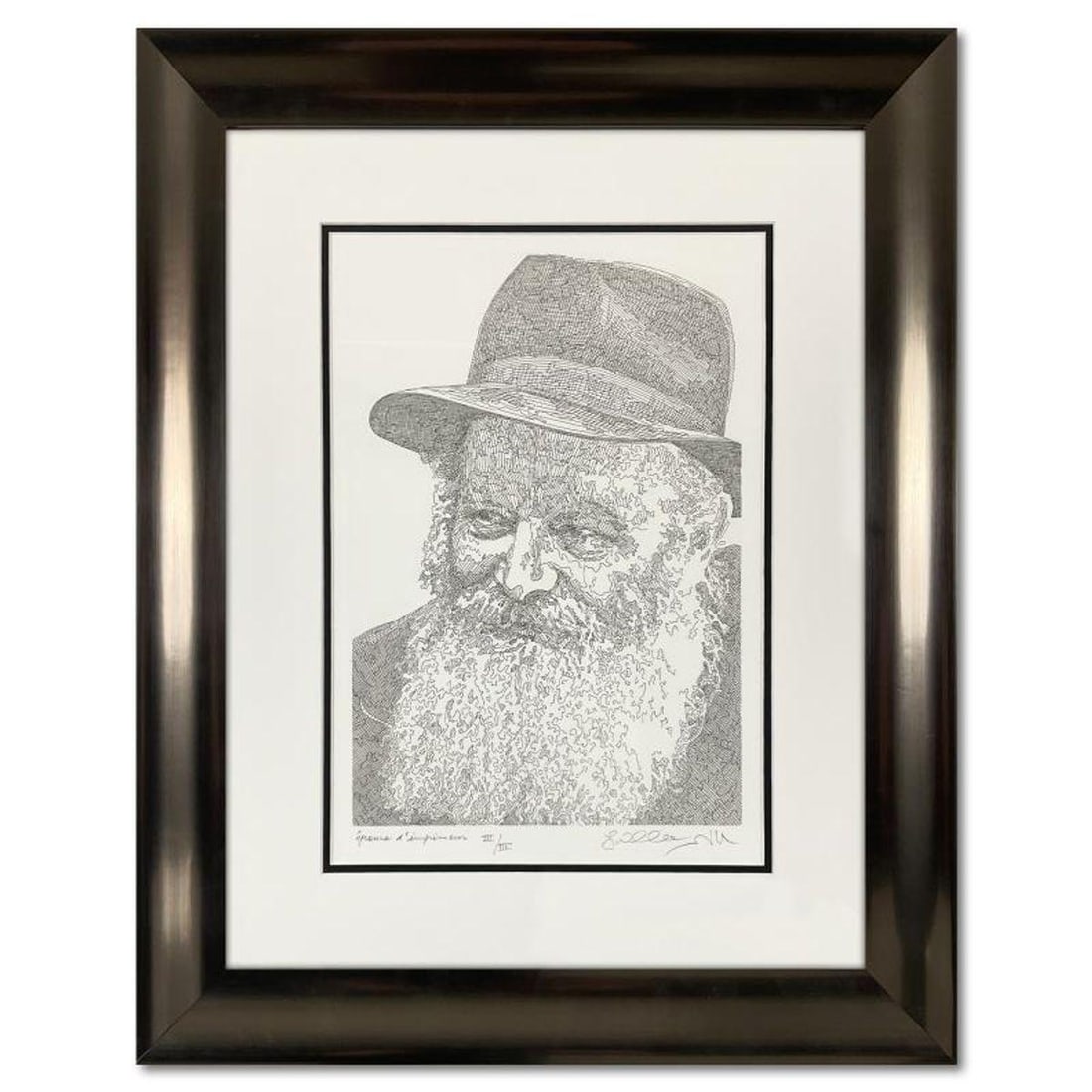 Guillaume Azoulay, "Rebbe" Framed Limited Edition Etching, Numbered III/III and Hand Signed with: Rebbe is a limited edition etching on paper by Guillaume Azoulay, numbered III/III and hand signed by the artist. This piece comes custom framed. Includes Letter of Authenticity. Measures approx. 22" 