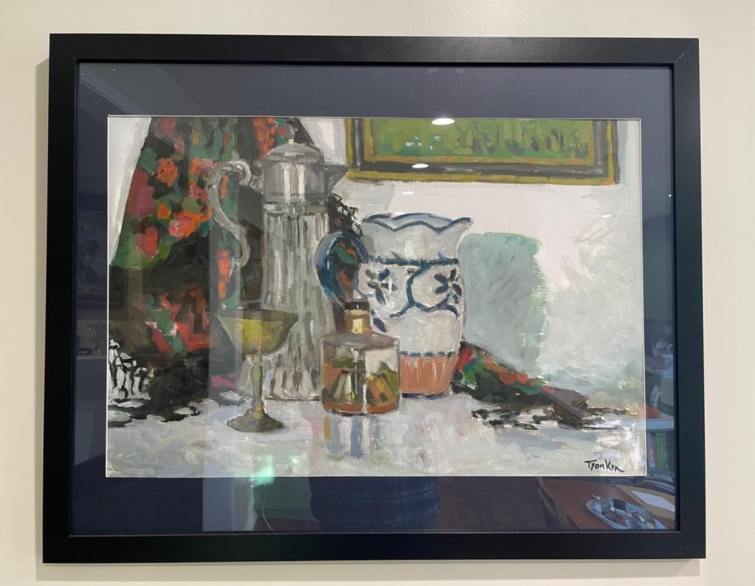 Boris Tyomkin- Acrylic on paper "Still Life (Gray & Red)": Artist: Boris Tyomkin. Medium: Acrylic on paper. Title: Still Life (Gray & Red). Size: 16" x 25". Signature: Hand Signed by the artist. Reference#: 55266.