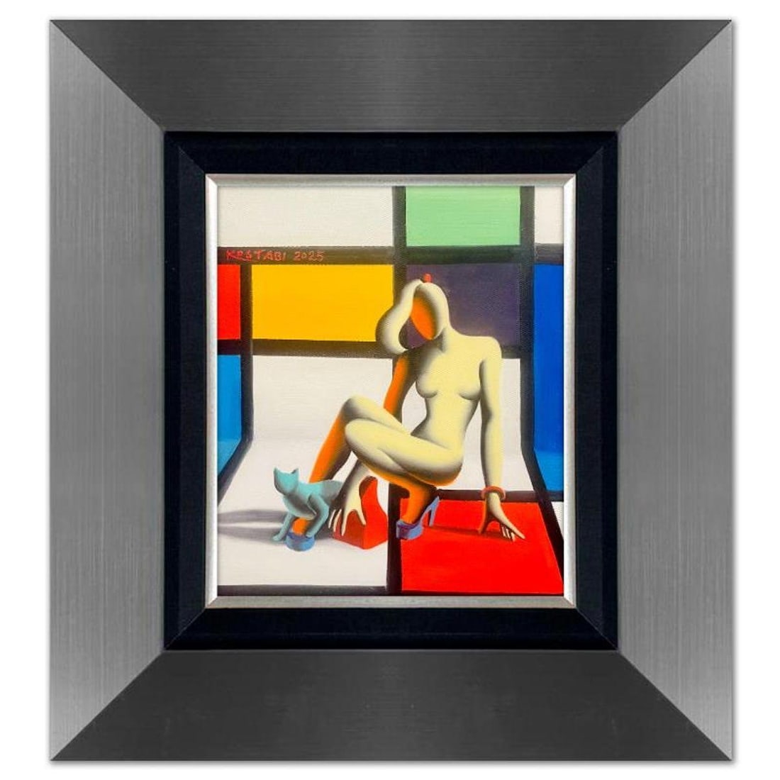 Mark Kostabi, "Unveiling Secrets" Framed Original Oil Painting on Canvas, Hand Signed with a (1 of 3)