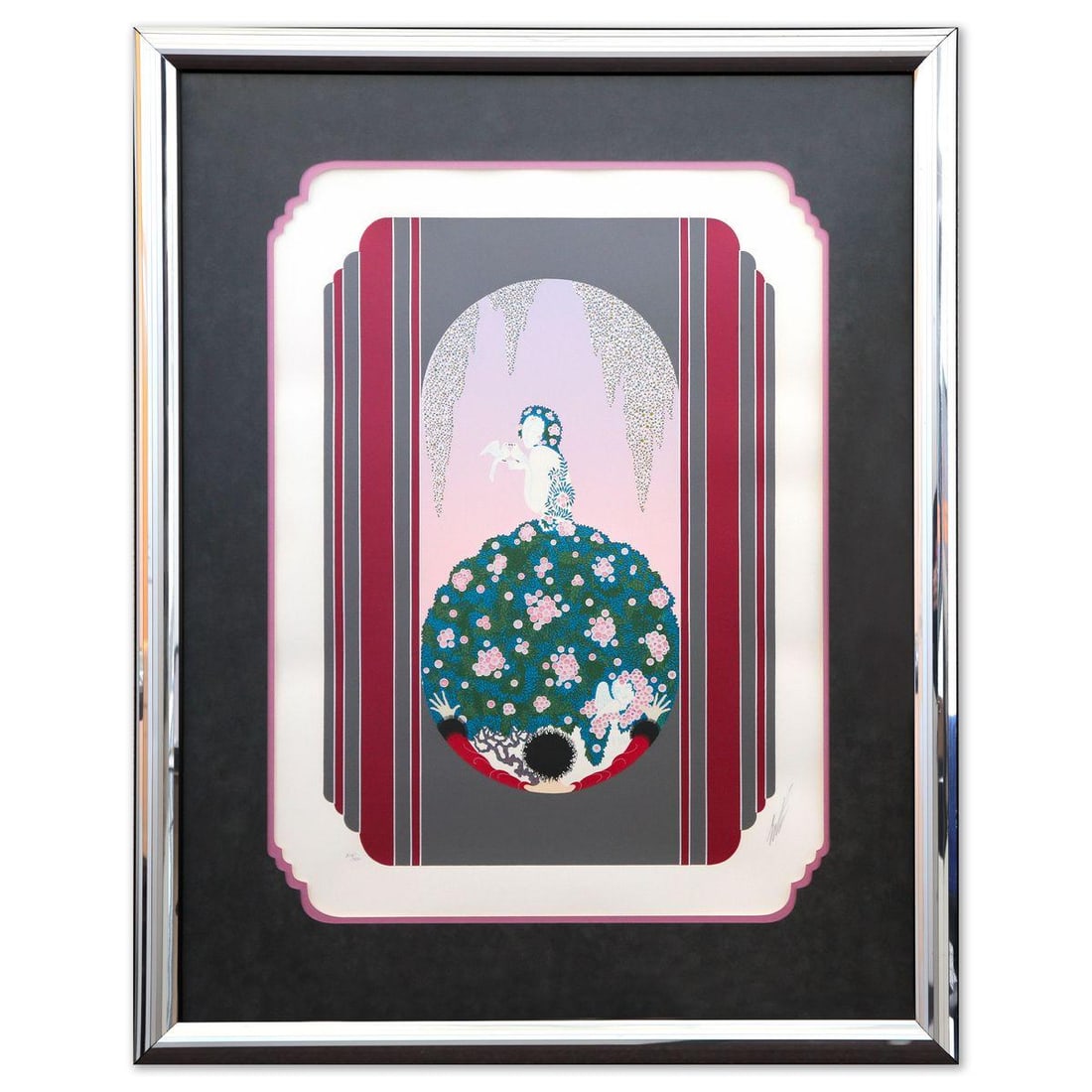 Erte- Screenprint in colors "The Spring Dress of Venus": Artist: Erte. Medium: Screenprint in colors. Title: The Spring Dress of Venus. Size: 30" x 22". Measures approx. 41" x 33" (framed). Signature: Hand signed and numbered. Certificate of Authenticity: