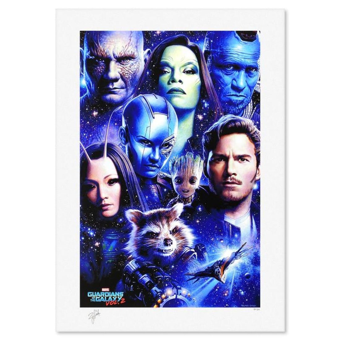 Marvel Comics & Tsuneo Sanda, "Guardians of the Galaxy Vol2" Limited Edition, PP Numbered 3/4 and: Guardians of the Galaxy Vol2 is a limited edition giclee on paper from Marvel Comics and Tsuneo Sanda, PP numbered 3/4 and bearing the authorized signature of the artist. Includes Letter of