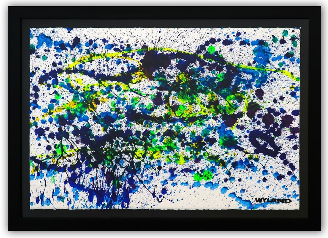 Wyland- Original Watercolor Painting on Deckle Edge Paper "Abstract Drip": Artist: Wyland. Medium: Original Watercolor Painting on Deckle Edge Paper. Title: Abstract Drip. Size: 26" x 40". Measures approx. 32" x 47" (framed). Signature: Hand Signed by the artist. Certificate
