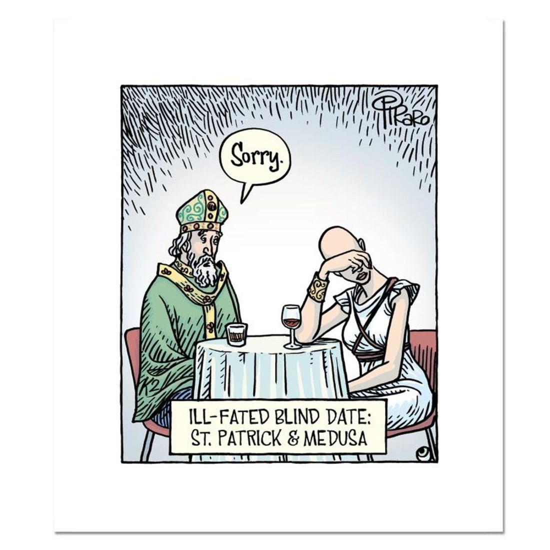 Bizarro, "Medusa St Patrick" Numbered Limited Edition Hand Signed by Creator Dan Piraro; Letter of: Medusa St Patrick is a limited edition giclee on paper by Dan Piraro, creator of the critically acclaimed and award winning comic strip, Bizarro! This piece is numbered and hand signed by the artist a