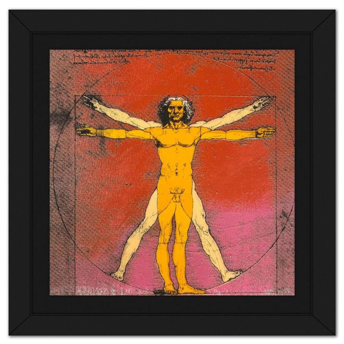 Steve Kaufman (1960-2010), "Vitruvian Man" Framed Hand Embellished Limited Edition Silscreen,: Vitruvian Man is a hand embellished limited edition silkscreen on canvas by Andy Warhol protege, Steve Kaufman (1960-2010), numbered 13/50 inverso and hand signed by the artist. This piece comes
