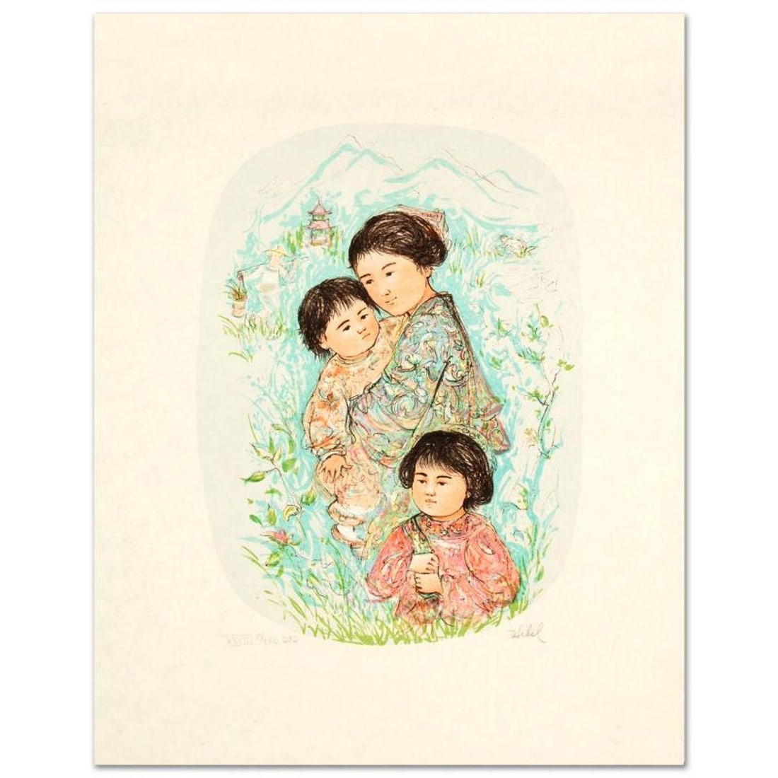 Leaving the Garden Limited Edition Lithograph by Edna Hibel (1917-2014), Numbered and Hand Signed: Leaving the Garden is a limited edition lithograph on paper, numbered and hand signed by Edna Hibel (1917-2014). Includes Certificate of Authenticity! Measures approx. 17.5" x 22" (with border), 11"