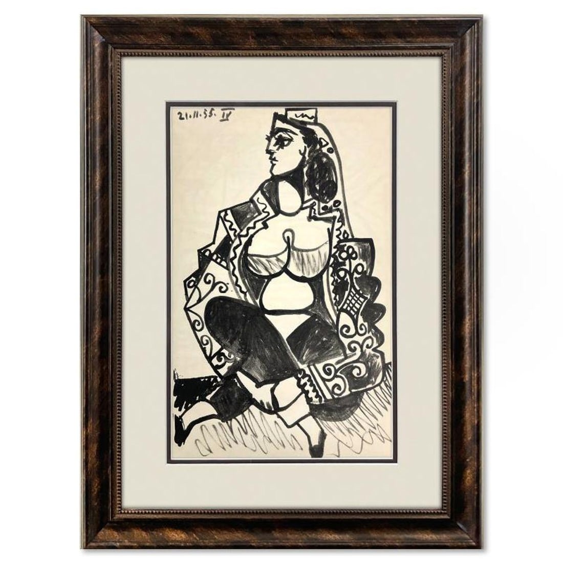 Pablo Picasso (1881-1973), "Carnet de Californie 21.11.55-IV" Framed Vintage Lithograph on Paper: Carnet de Californie 21.11.55-IV is a vintage lithograph on paper by Pablo Picasso (1881-1973). This piece is from Picasso's Carnet de Californie Series and was printed in Paris, France by Mourlot Stu