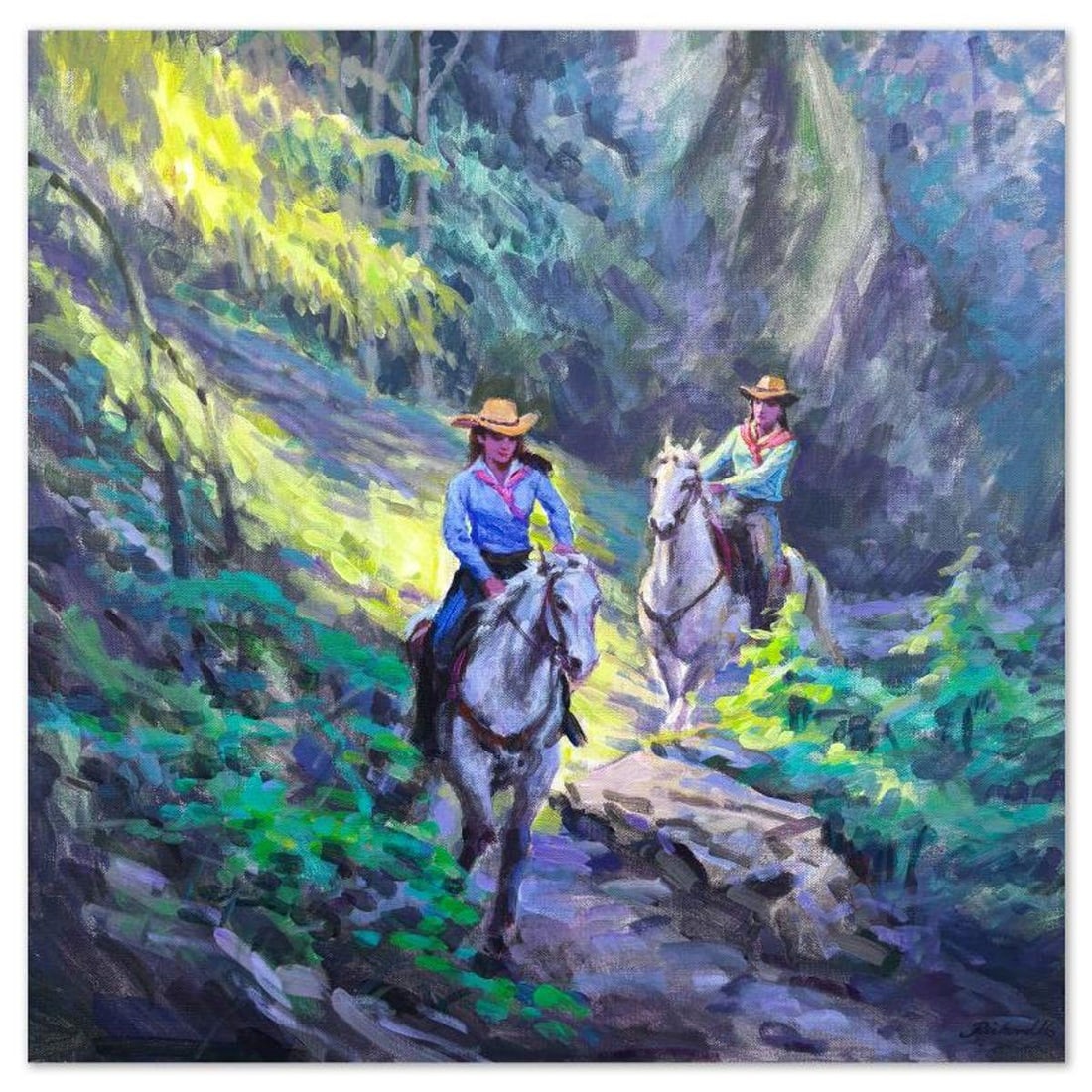 Richard Ho, "Down the Trail" Original Acrylic Painting on Canvas, Hand Signed with Letter of: Down the Trail is an original acrylic painting on stretched canvas by Richard Ho, hand signed by the artist. Includes Letter of Authenticity. Measures approx. 24" x 24" (image).