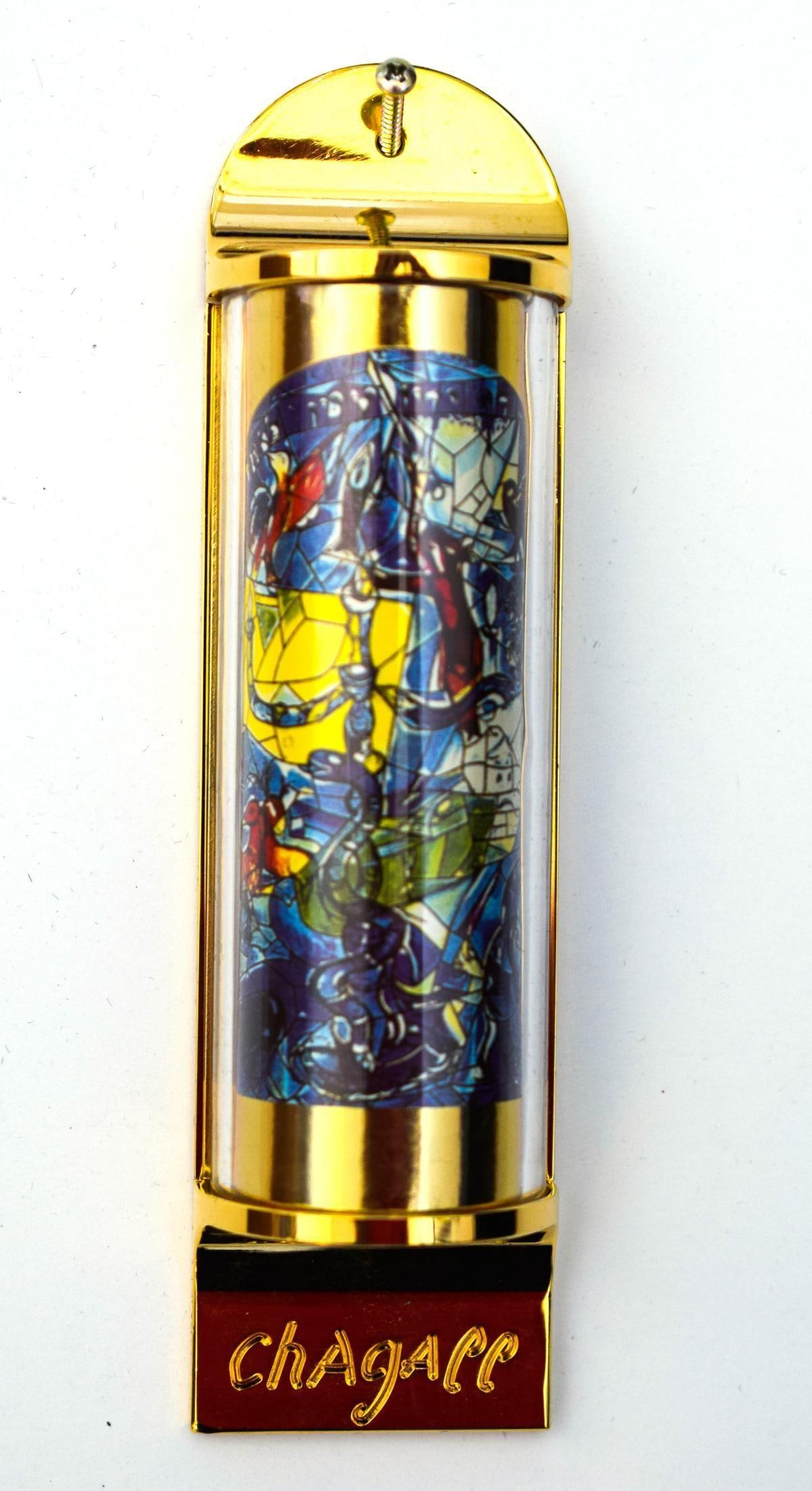 Marc Chagall- Mezuzah - silkscreen on 24K gold plated bronze "12 Tribes Hadassah Windows - Dan": Artist: Marc Chagall. Medium: Mezuzah - silkscreen on 24K gold plated bronze. Title: 12 Tribes Hadassah Windows - Dan. Size: 5" x 1.5". Reference#: 15775.