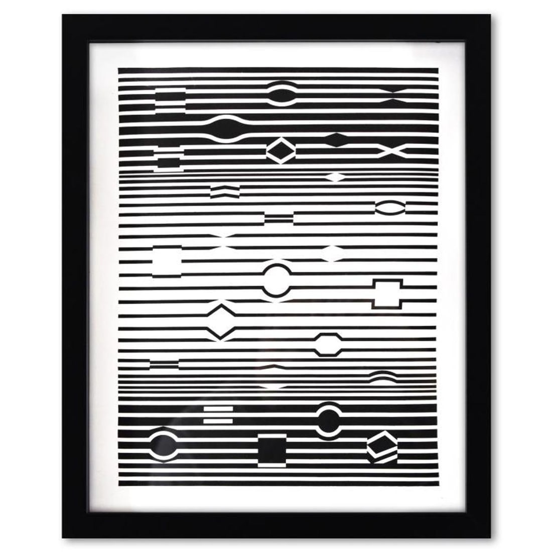 Victor Vasarely (1908-1997), "Markab de la serie Ondulatoires" Framed 1973 Heliogravure Print with: Markab de la serie Ondulatoires is a heliogravure print on paper, published in 1973, by Victor Vasarely (1908-1997). This piece comes custom framed, with a letter of authenticity and with a 1976 Vasar