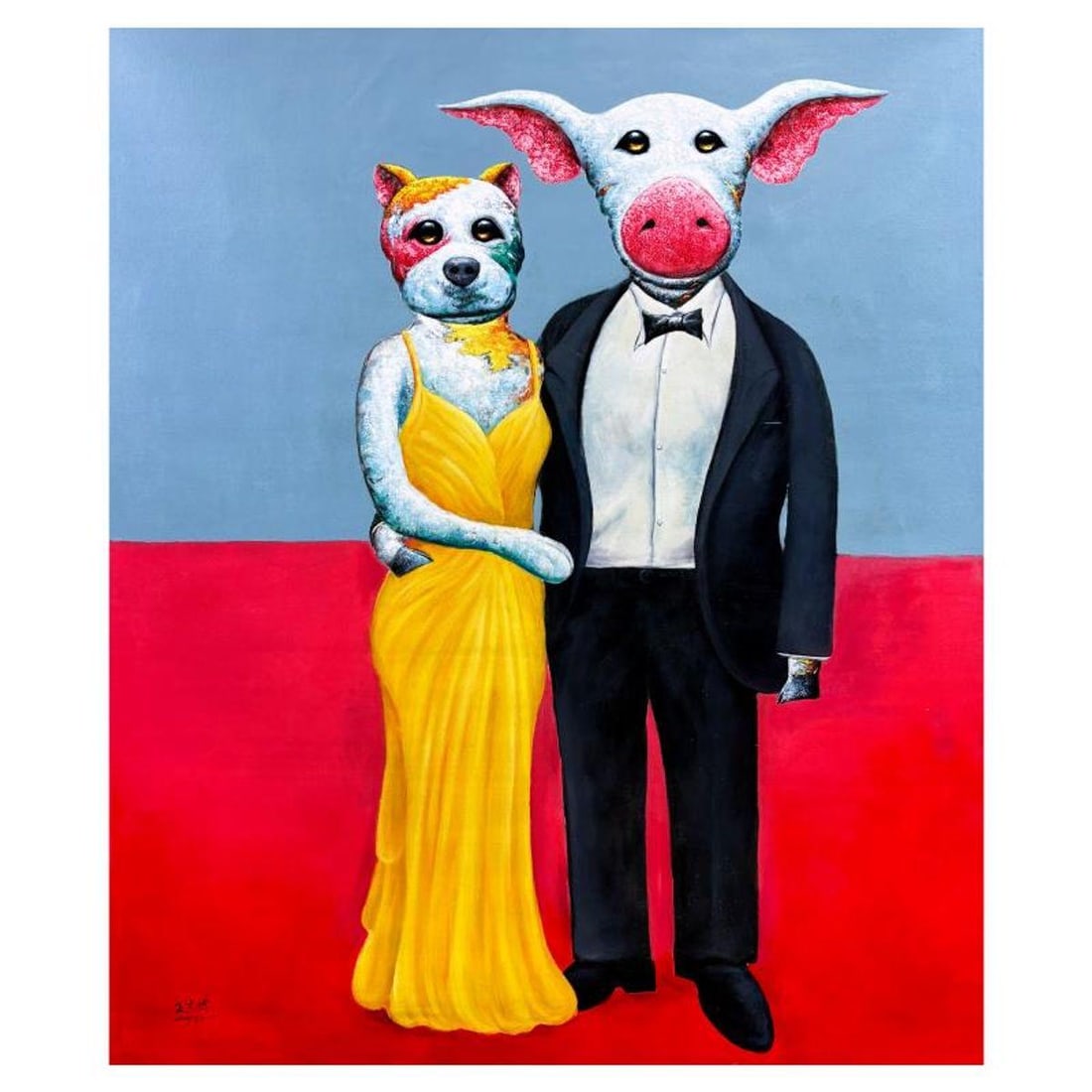 Wang, "Formal at Tire" Original Mixed Media Painting on Canvas, Hand Signed with Letter of: Formal at Tire is an original mixed media painting on canvas by Wang, hand signed by the artist. Includes Letter of Authenticity. Measures approx. 62" x 51" (image).