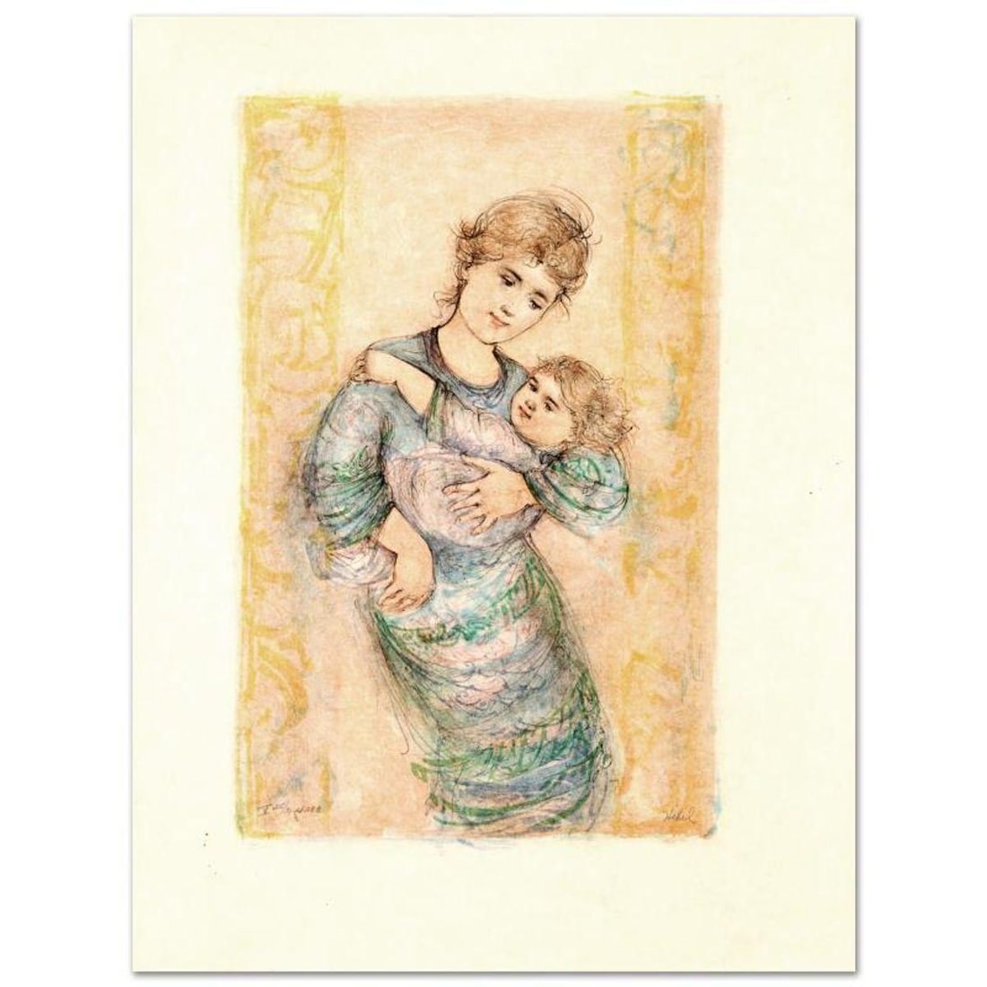 Fair Alice and Baby Limited Edition Lithograph by Edna Hibel (1917-2014), Numbered and Hand Signed: Fair Alice and Baby is a limited edition lithograph on rice paper, numbered and hand signed by Edna Hibel (1917-2014). Includes Certificate of Authenticity! Measures approx. 20" x 26.5" (with border),