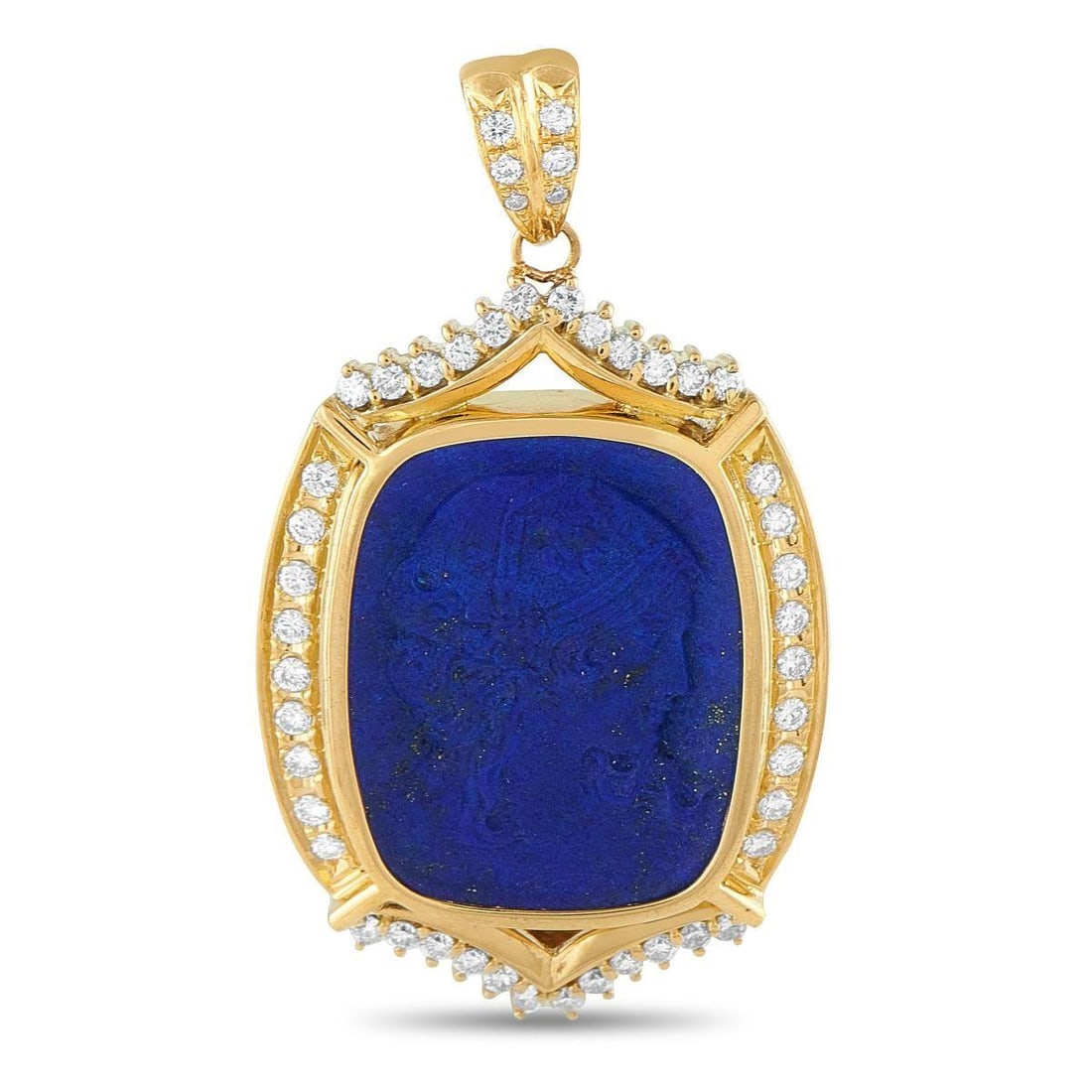 18K YELLOW GOLD 0.80CT DIAMOND AND LAPIS PENDANT: A bold, breathtaking design sets this pendant apart in the best way possible. At the center, a 24.59 carat Lapis stone makes this opulent piece incredibly eye-catching. Diamond accents totaling 0.80 c