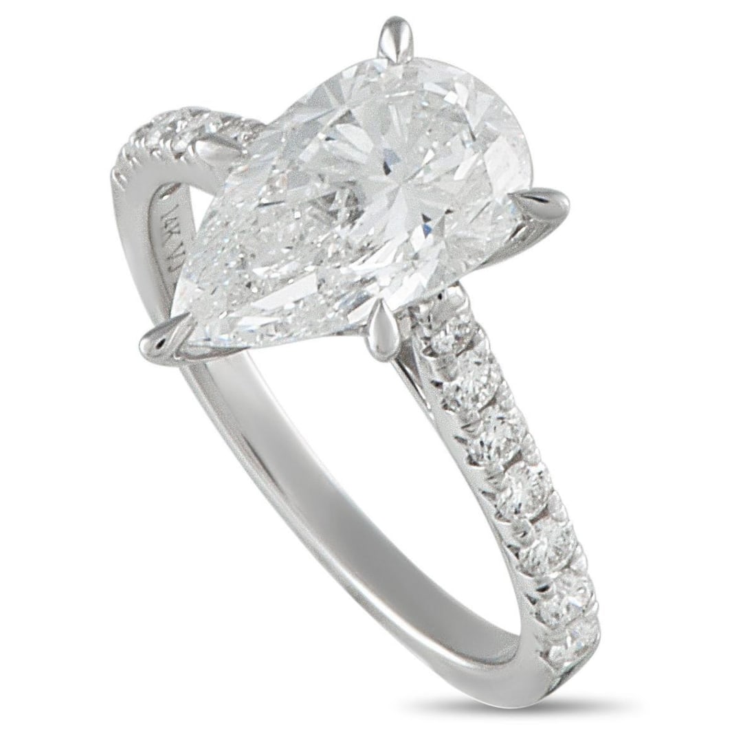 14K WHITE GOLD 2.96CT LAB-GROWN DIAMOND RING: This luxury ring is nothing short of breathtaking. Incredibly classic, it features a 2.61 carat pear-shaped Lab Grown Diamond center stone with F color and VS1 clarity. Additional Lab Grown Diamond ac