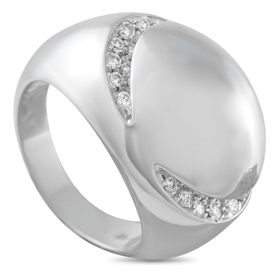BVLGARI 18K WHITE GOLD DIAMOND DOME RING: A dramatic rounded design makes this Bvlgari ring impossible to ignore. Inset Diamonds on each side of the 18K White Gold setting add contemporary elegance and a touch of sparkle. Ideal for everyday w