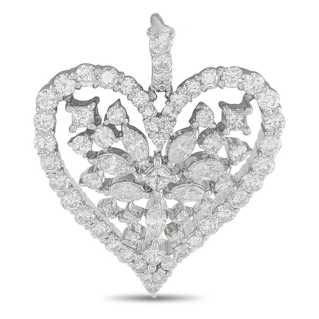 PLATINUM 3.80CT DIAMOND HEART PENDANT: An intricate heart-shaped Platinum setting provides the perfect foundation for this luxury pendant. Accented by sparkling Diamonds with a total weight of 3.80 carats, attach it to any length of chain 