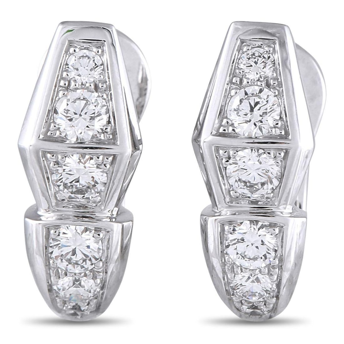 BVLGARI SERPENTI 18K WHITE GOLD 1.52CT DIAMOND EARRINGS: These Bvlgari Serpenti earrings will add a touch of luxury to any occasion. Designed to resemble a stylized snakes head, the sleek 18K White Gold setting beautifully showcases sparkling Diamonds with 