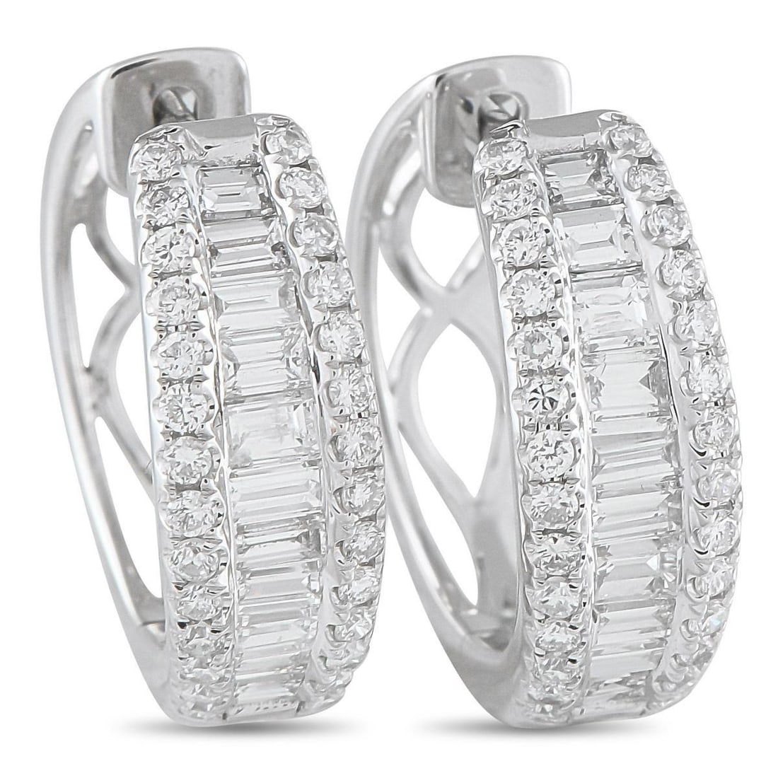 18K WHITE GOLD 1.65CT DIAMOND HOOP EARRINGS: These earrings will add a touch of luxury to any occasion. Crafted with a curved 18K White Gold setting, round-cut Diamonds and Diamond baguettes totaling 1.65 carats make them instantly eye-catching.