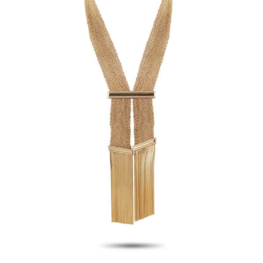 BOUCHERON DELILAH 18K YELLOW GOLD 2.10CT DIAMOND NECKLACE: A bold, breathtaking design ensures that this Boucheron Delilah necklace always serves as a stunning focal point. Crafted from opulent 18K Yellow Gold, it perfectly pairs textured mesh, tassel chains,