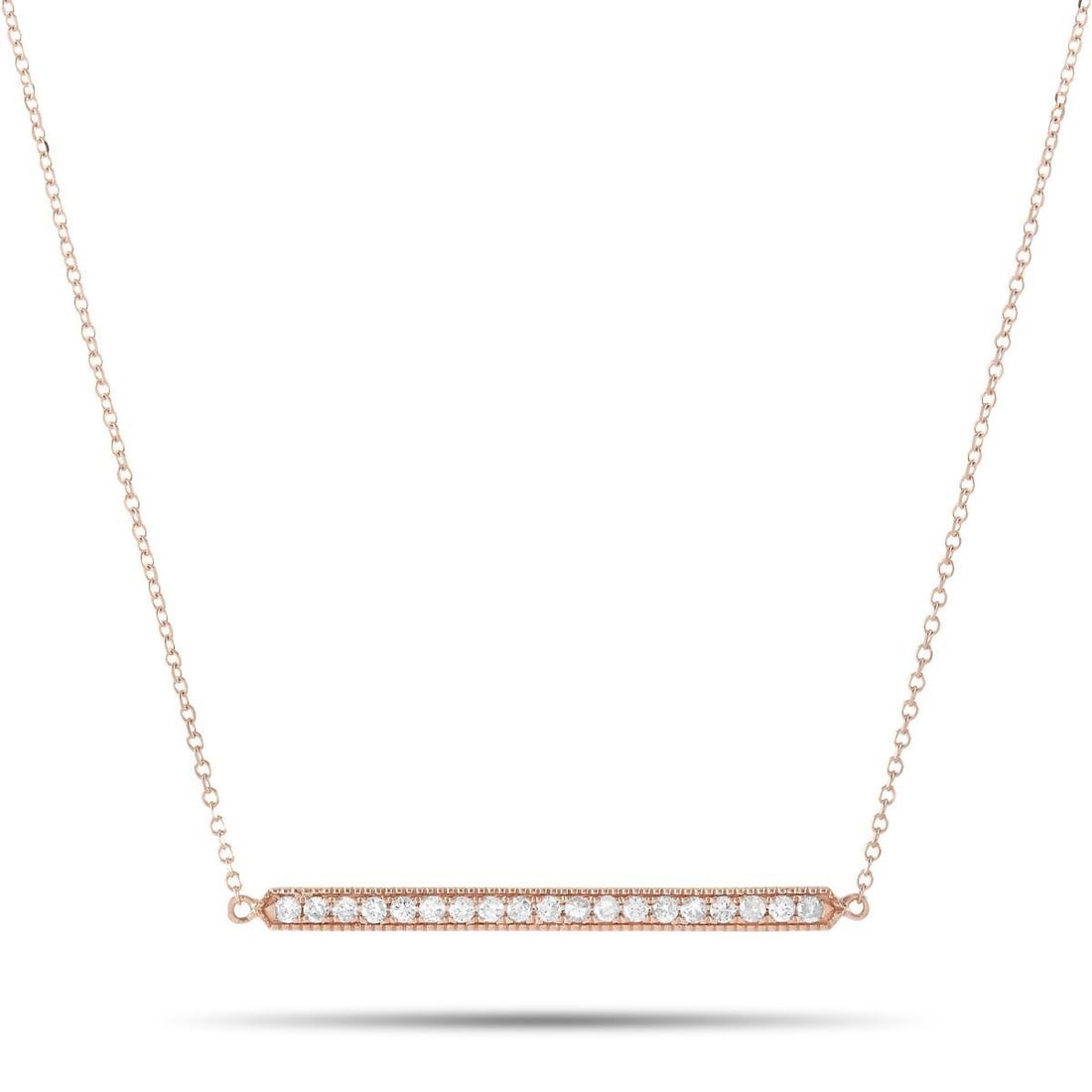 14K ROSE GOLD 0.25 CT DIAMOND PENDANT NECKLACE: This necklace is crafted from 14K rose gold and weighs 1.9 grams. It is presented with a 15 chain and boasts a pendant that measures 0.13 in length and 1.25 in width. The necklace is set with diamonds