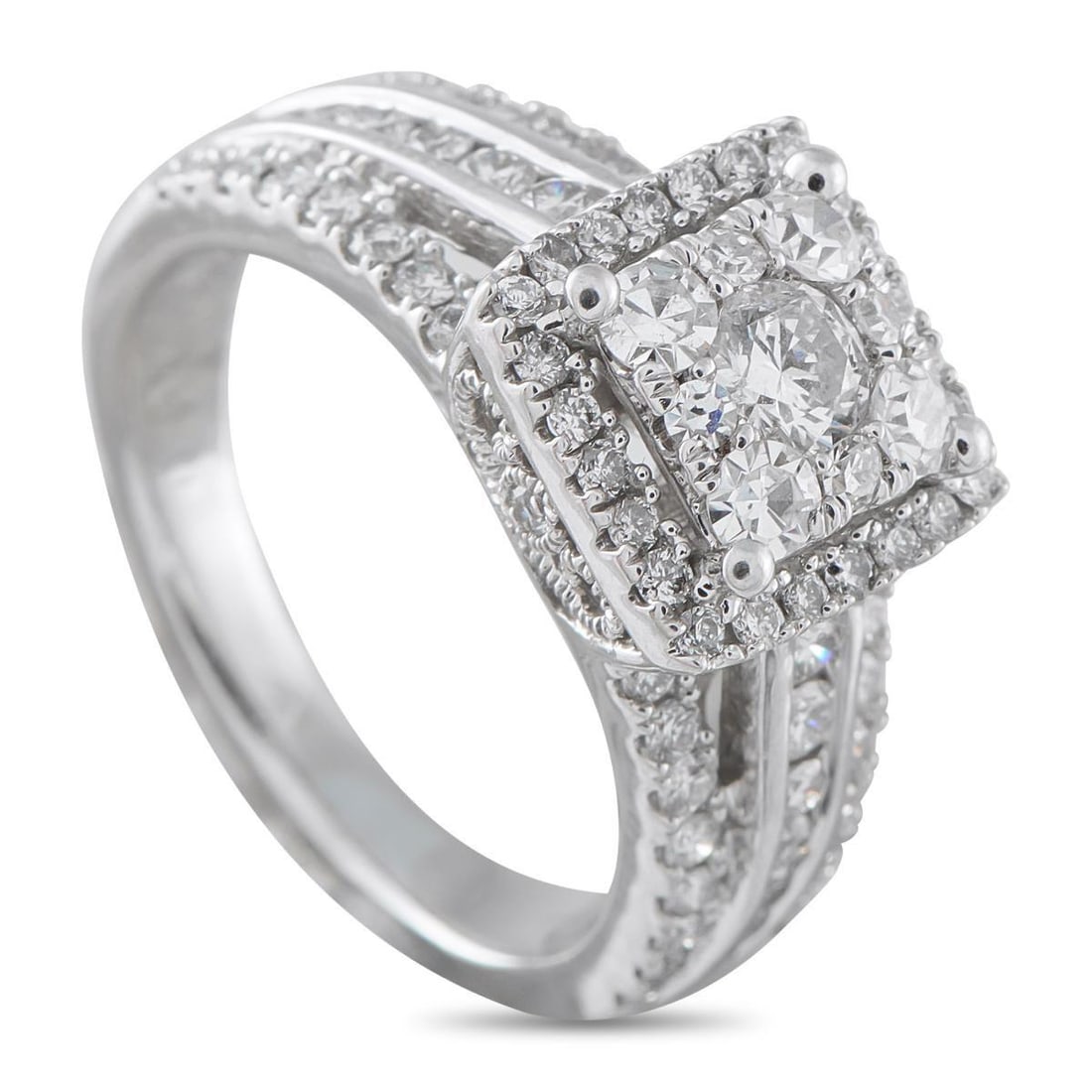 14K WHITE GOLD 1.30CT DIAMOND RING: Built around height and geometry, this 14K white gold ring places its focus well above the band. A compact cluster of round diamonds forms the square-shaped center, arranged to give the impression of 