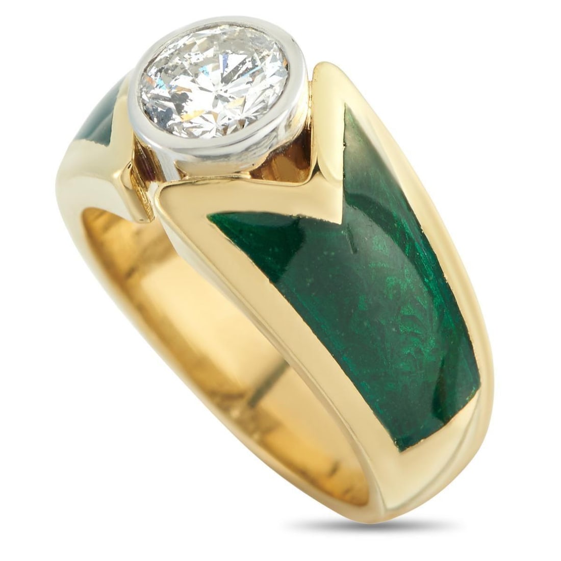 18K YELLOW GOLD 1.04CT DIAMOND RING: A sleek, sophisticated design makes this luxury ring impossible to ignore. At the center, a 1.04 carat bezel-set Diamond effortlessly emanates light. Green accents add visual impact to the 18K Yellow 