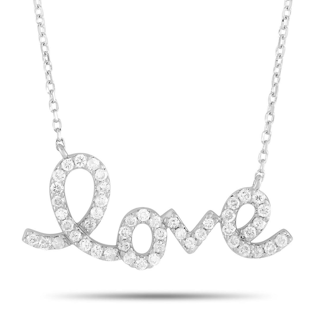 14K WHITE GOLD 0.26CT DIAMOND LOVE NECKLACE: This necklace is crafted from 14K white gold and weighs 2.5 grams. It is presented with a 16 chain and boasts a love pendant that measures 0.37 in length and 1 in width. The necklace is set with diamo