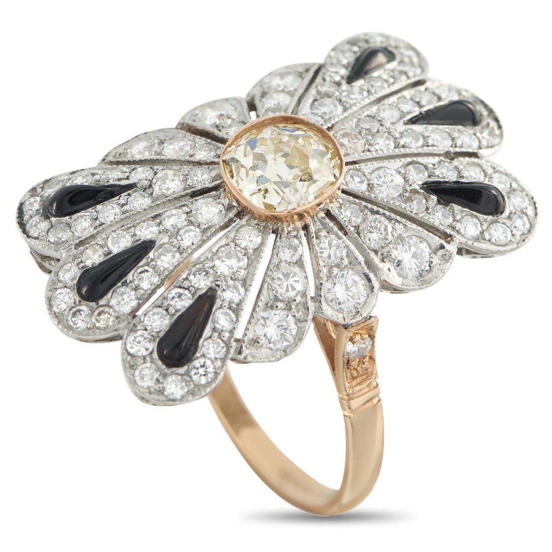 18K ROSE GOLD 1.90CT DIAMOND RING: This luxury ring draws inspiration from the Art Deco era. A round-cut 0.70 carat Diamond makes a statement at the center, while black accents and additional Diamonds totaling 1.20 carats provide both 