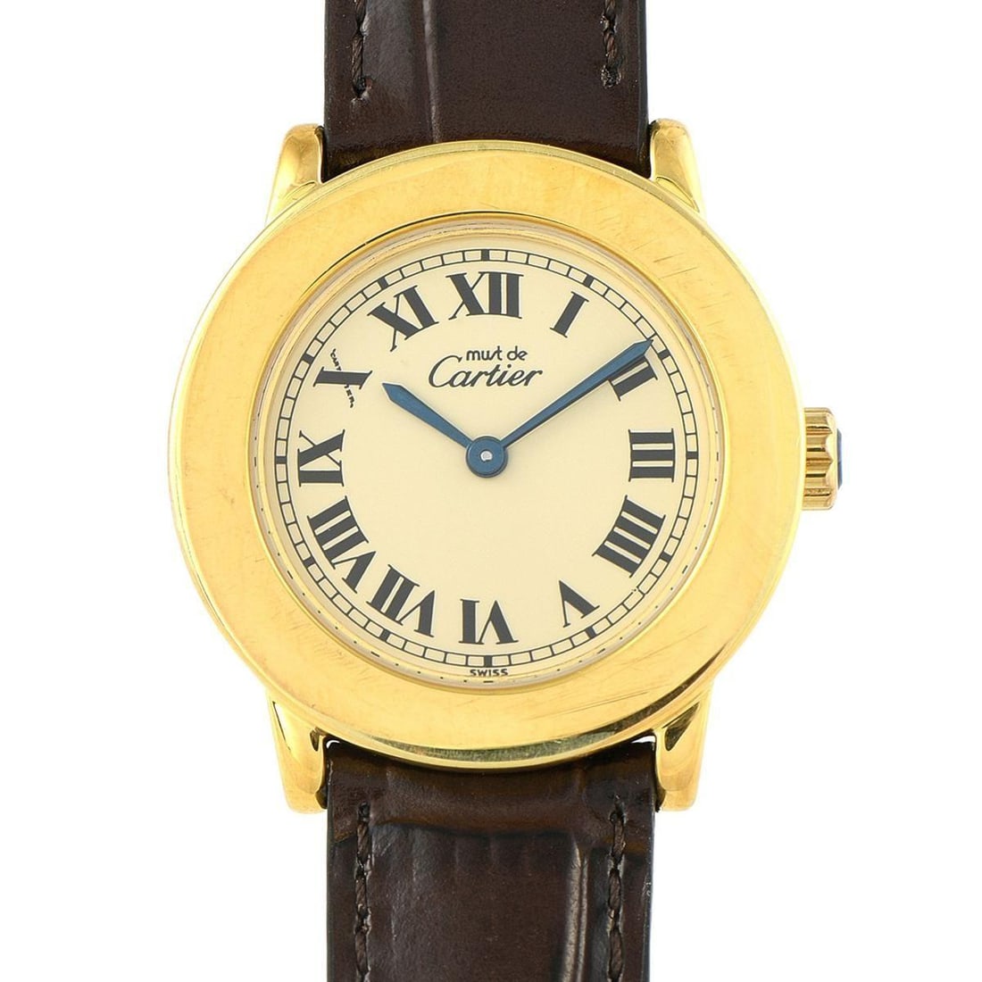 CARTIER MUST DE CARTIER RONDE ROMAN IVORY DIAL VERMEIL QUARTZ WATCH: This round masterpiece, secretly signed by Cartier, never fails to attract the attention of vintage watch collectors. Its 27mm sterling silver case is thickly plated with 20 microns of gold for a dura