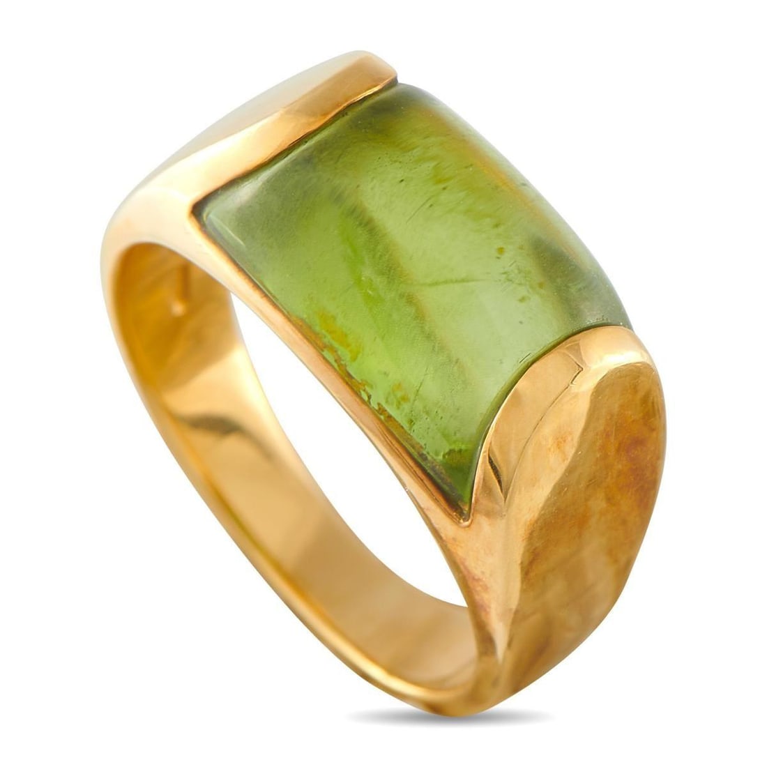 BVLGARI TRONCHETTO 18K YELLOW GOLD PERIDOT RING: A minimalist design makes this Bvlgari Tronchetto ring incredibly chic. At the center of the simple, elegant 18K Yellow Gold setting, a green Peridot gemstone offers elegant contrast. It features a 3m