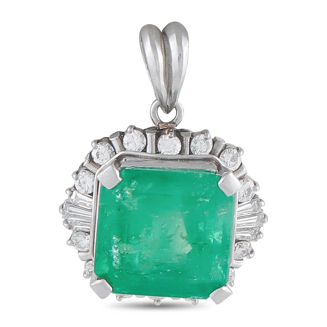 PLATINUM 0.84CT DIAMOND AND EMERALD PENDANT: Create a custom piece of jewelry by adding this exquisite pendant to any length of chain. Set in Platinum, this pieces 10.60 carat Emerald center stone is surrounded by Diamond accents totaling 0.84 c