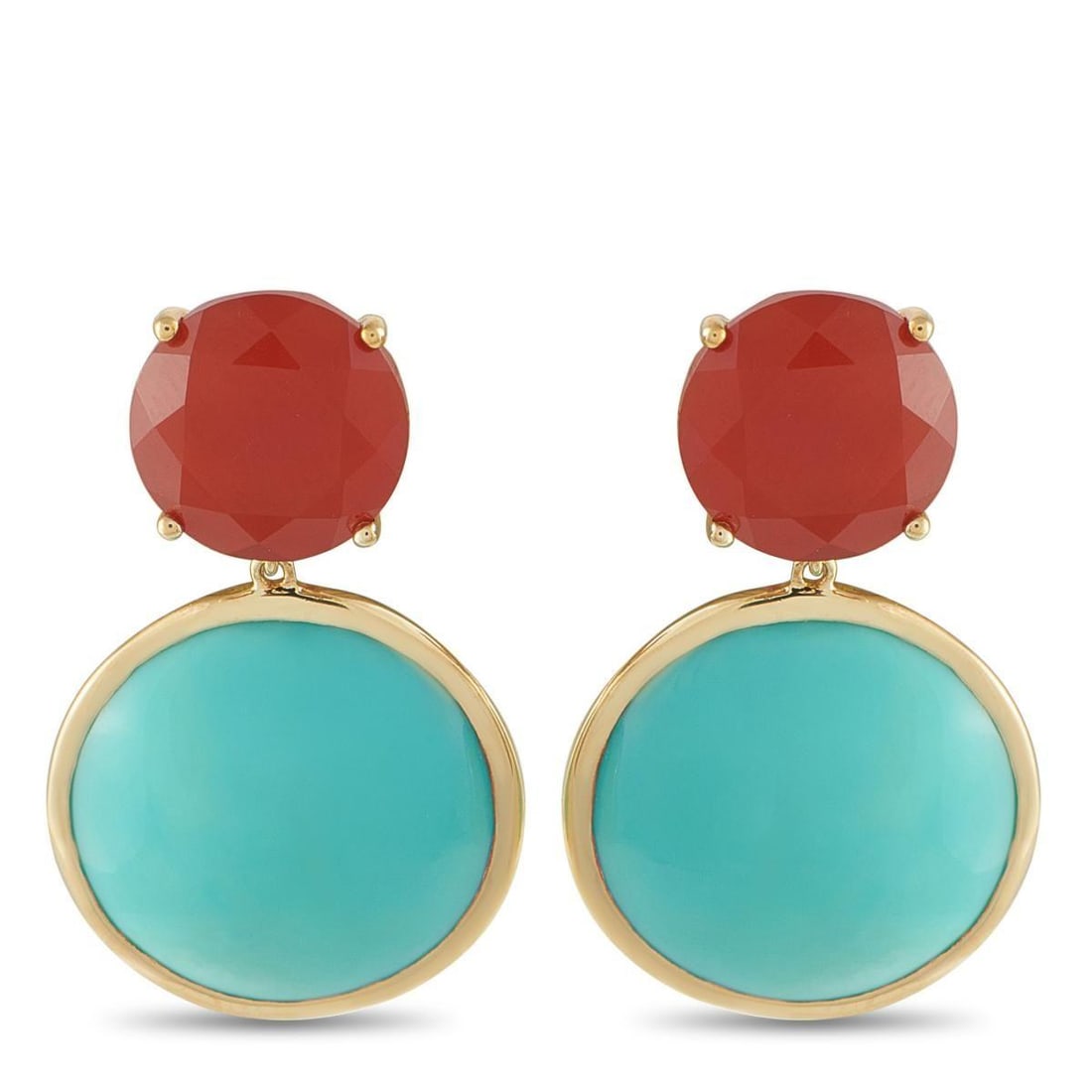 IPPOLITA 18K YELLOW GOLD TURQUOISE AND CARNELIAN EARRINGS: Contrasting colors give these Ippolita earrings a statement-making sense of style. Chic and incredibly modern, they feature a Turquoise stone and a Carnelian stone within a minimalist 18K Yellow Gold 