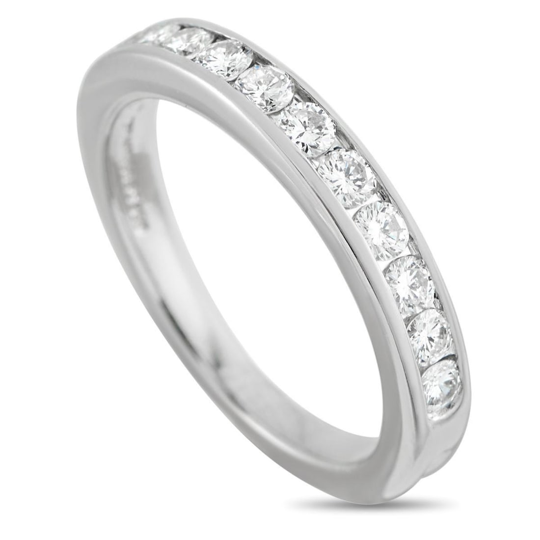 TIFFANY & CO. PLATINUM 0.44CT DIAMOND BAND RING: This Tiffany & Co. band ring will look chic no matter if its worn alone or stacked with other luxury pieces from your collection. Channel-set Diamonds with a total weight of 0.44 carats add subtle spa