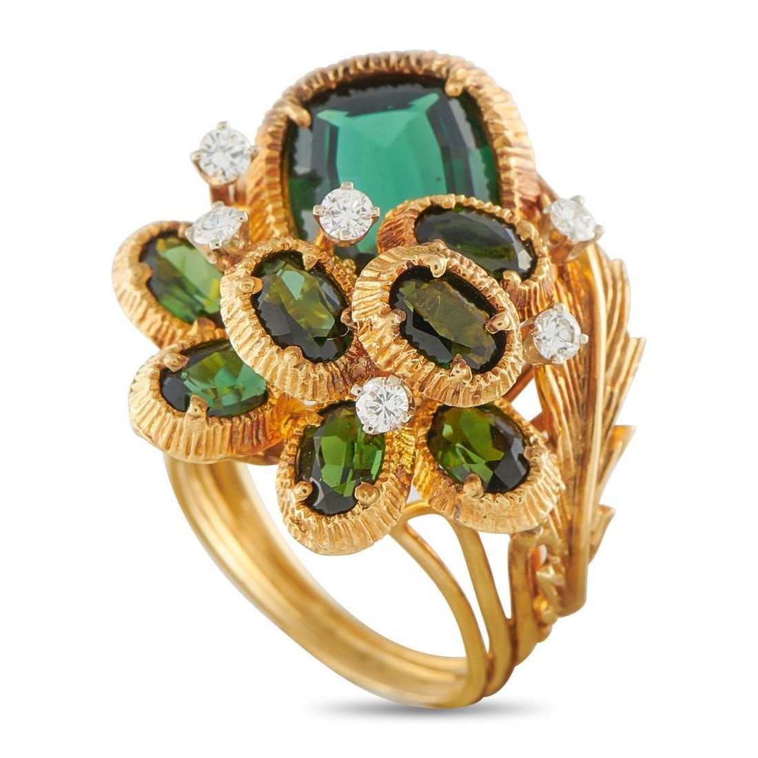 18K YELLOW GOLD 0.30CT DIAMOND AND TOURMALINE RING: This opulent ring is filled with dynamic details and exquisite touches. Green Tourmaline gemstones with a total weight of 7.0 carats are beautifully complemented by the textured 18K Yellow Gold settin