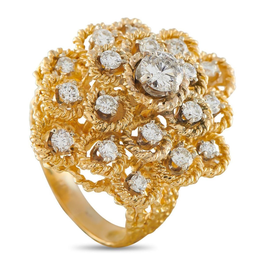 HAMMERMAN BROS. 18K YELLOW GOLD 1.37CT DIAMOND COCKTAIL RING: A detailed 18K Yellow Gold setting adds texture and dimension to this dynamic Hammerman Brothers cocktail ring. Elegant enough for even your most special occasions, Diamonds with a total weight of 1.3