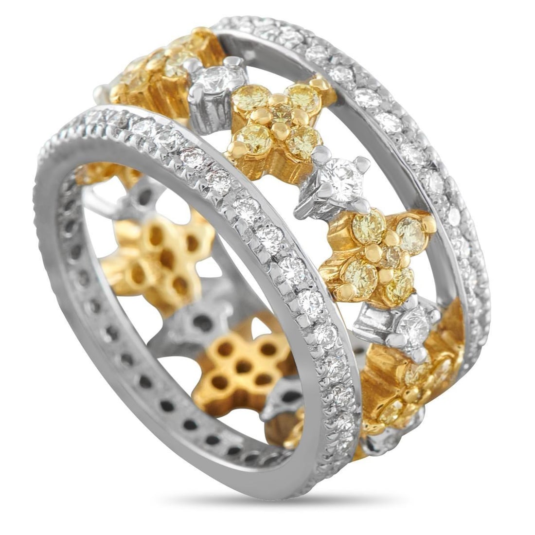18K WHITE GOLD 1.75CT DIAMOND RING: This luxury ring is unique and incredibly elegant. The detailed openwork setting comes to life thanks to inset Diamonds totaling 1.75 carats. Crafted from 18K White Gold, it measures 11mm wide and fea