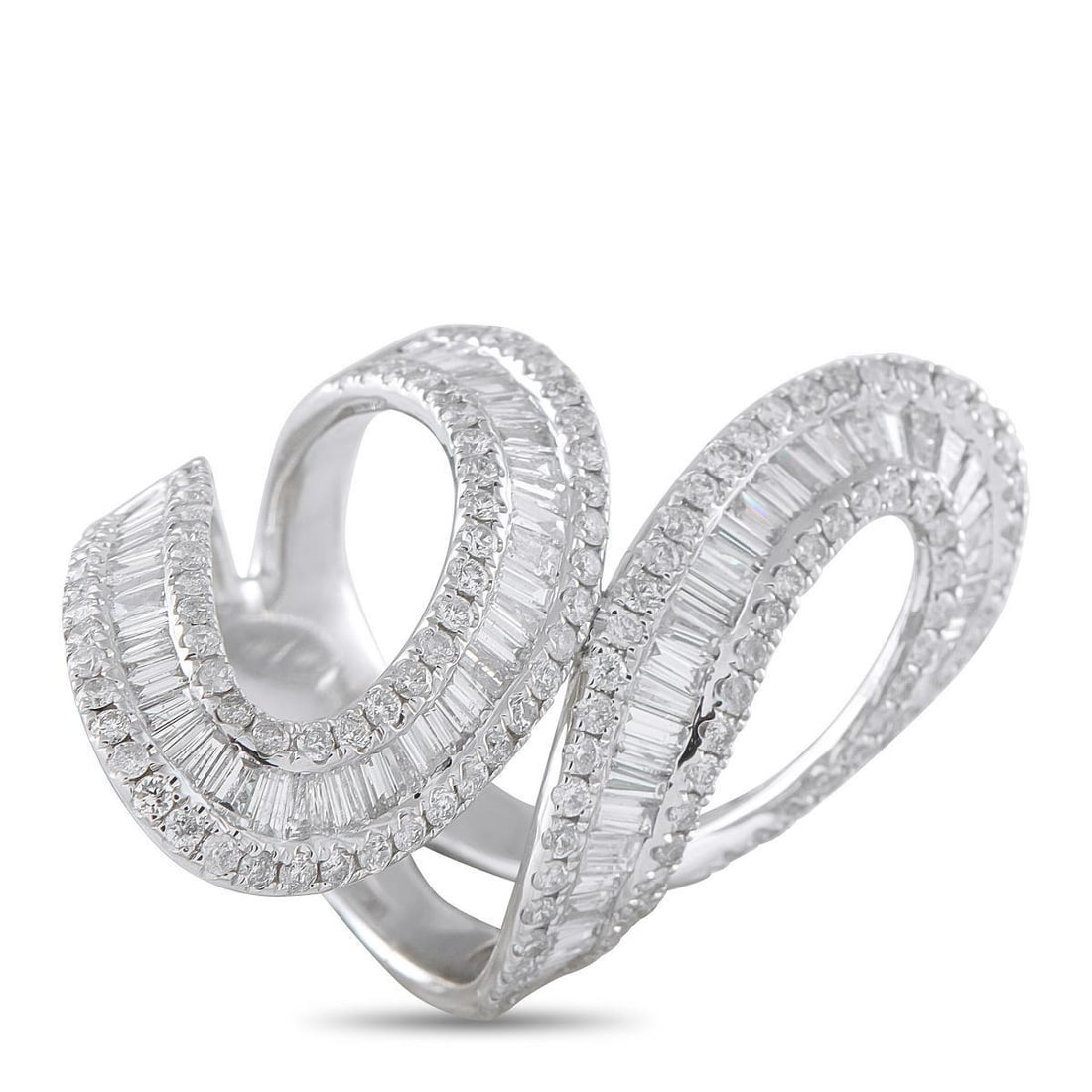 14K WHITE GOLD 4.0CT DIAMOND RING: Curved lines give this luxury ring an undeniable sense of fluidity. Incredibly chic, Diamonds with a total weight of 4.0 carats ensure it will effortlessly catch the light every time its worn. Set in 