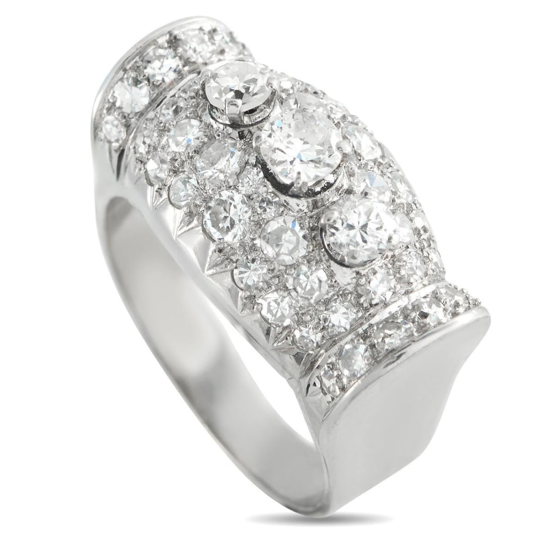 ANTIQUE 18K WHITE GOLD 1.58CT DIAMOND RING: A unique design maximizes sparkle on this exquisite antique ring. Set in 18K White Gold, Diamonds totaling 1.58 carats allow it to come alive every time it catches the light. A 5mm wide band and an 8m