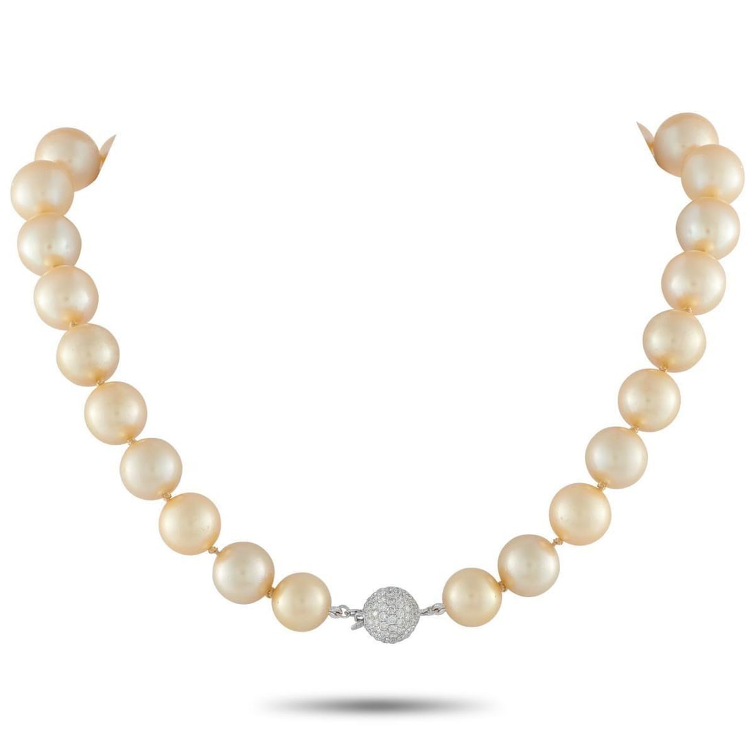 18K WHITE GOLD 3.0CT DIAMOND AND GOLDEN PEARL NECKLACE: This luxury necklace exudes old fashioned elegance. Golden Pearls ranging in size from 12.5mm 17.5mm make it a luminous piece that will continually capture your imagination. A circular clasp covered i