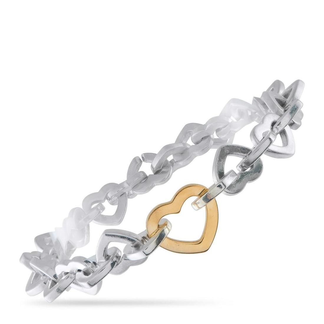 TIFFANY & CO. 18K YELLOW GOLD AND SILVER HEART LINK BRACELET: You almost wear your heart on your sleeve with this Tiffany & Co. bracelet. Open heart links run continuously through the design, interrupted by a central 18K yellow gold heart. At 38.4 grams, it carr