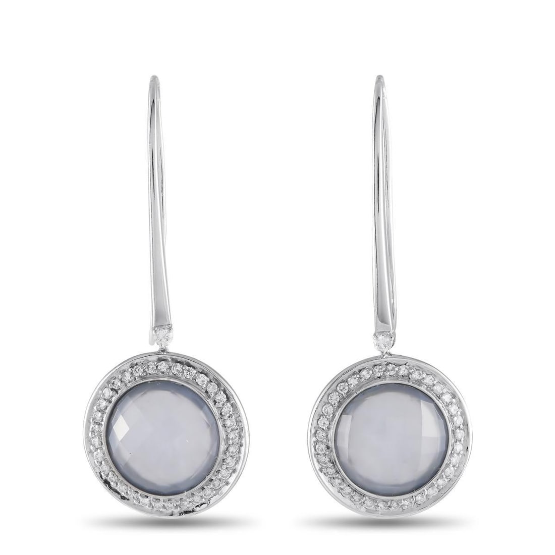 CASATO 18K WHITE GOLD 0.65CT DIAMOND AND CHALCEDONY DROP EARRINGS: Sleek and incredibly elegant, these sophisticated Casato earrings are ideal for anyone with a minimalist aesthetic. The streamlined 18K white gold setting beautifully showcases the capitating round ch
