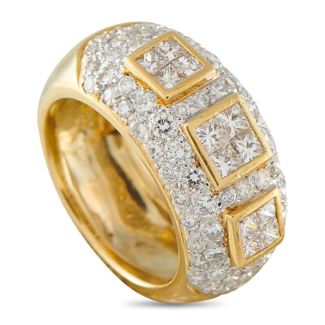 18K YELLOW GOLD 2.45CT DIAMOND RING: Inset Diamonds with a total weight of 2.45 carats make this luxury ring come alive every time it catches the light. Simple yet statement-making, the 18K Yellow Gold setting features an 8mm wide band w