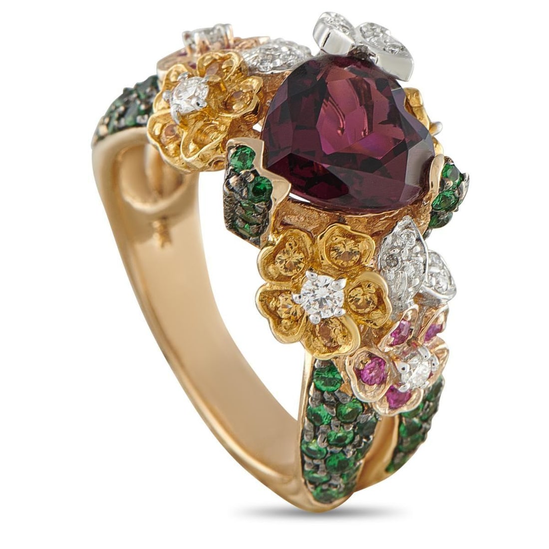 14K YELLOW GOLD DIAMOND, SAPPHIRE, AND RUBELLITE RING: This impeccably crafted ring is filled with romantic details. A heart-shaped 3.35 carat Rubellite gemstone makes a statement at the center of the opulent 14K Yellow Gold setting. On the sides, colorfu