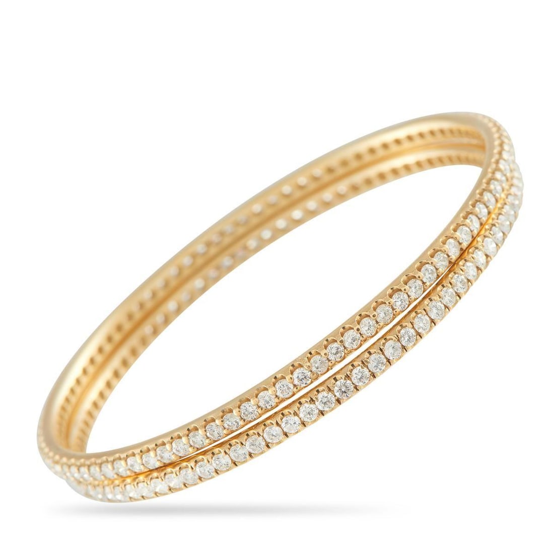 18K YELLOW GOLD 4.64CT DIAMOND SET OF 2 BANGLE BRACELETS: Sold as a set of 2, these bangle bracelets are simple, elegant, and incredibly luxurious. Complete with Diamonds totaling 4.64 carats, pair them together to create a stylish stacked look. Each bracele