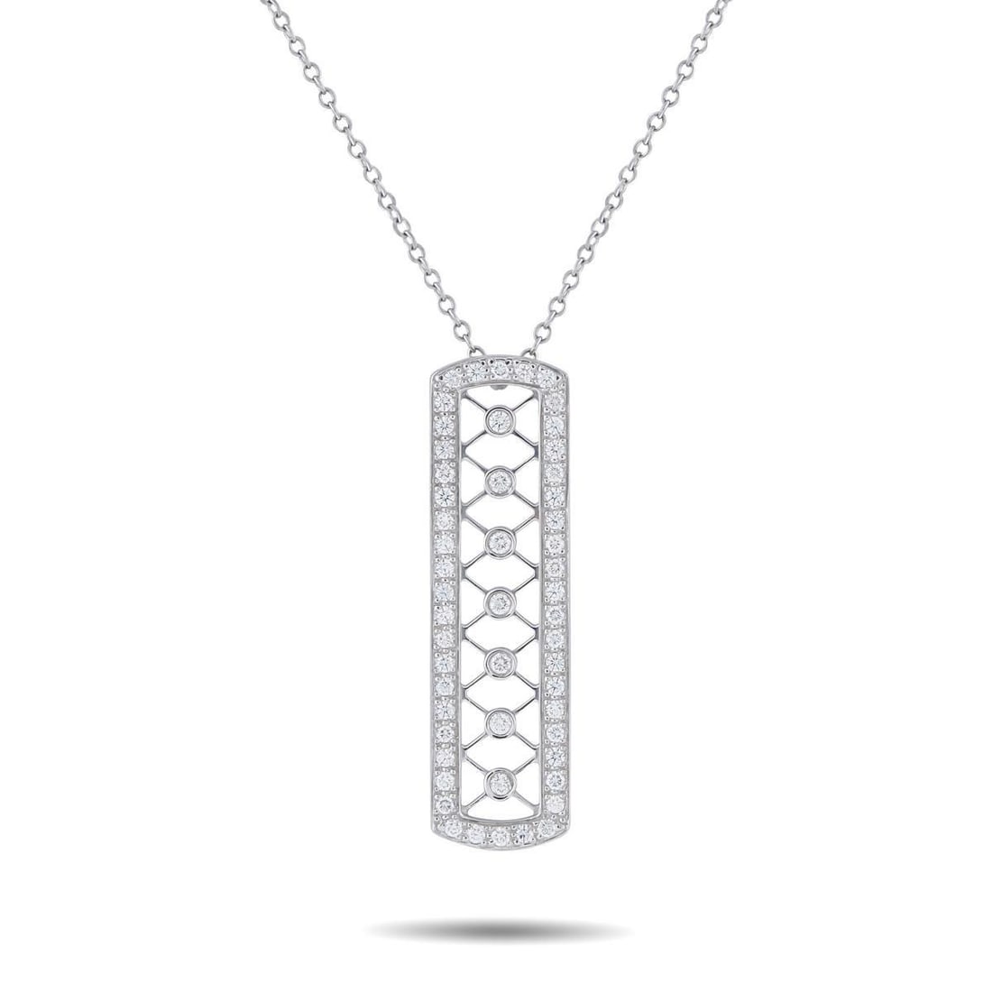 TIFFANY & CO. VOILE PLATINUM 0.30CT DIAMOND BAR NECKLACE: This Tiffany & Co. Voile Bar necklace features intricate Platinum metalwork in an openwork design. Diamonds with a total weight of 0.30 carats enhance the appeal of this delicate, airy accessory. The 
