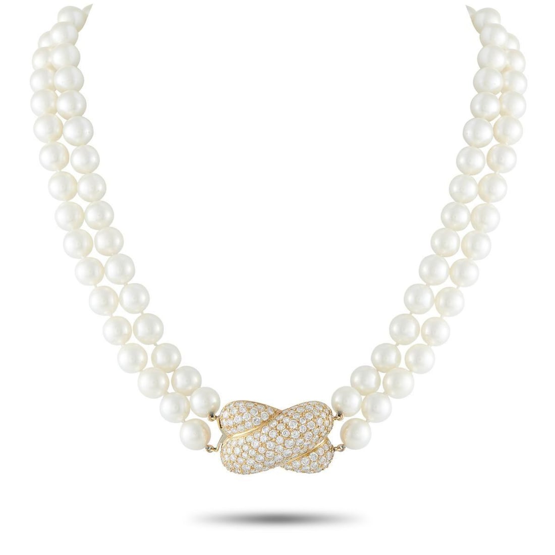 18K YELLOW GOLD 9.0CT DIAMOND AND PEARL NECKLACE: This necklace is a classic accessory that will add poise and polish to any outfit. At the center of a double strand of pearls ranging in size from 8.5mm 9mm, an 18K Yellow Gold clasp serves as a stunn