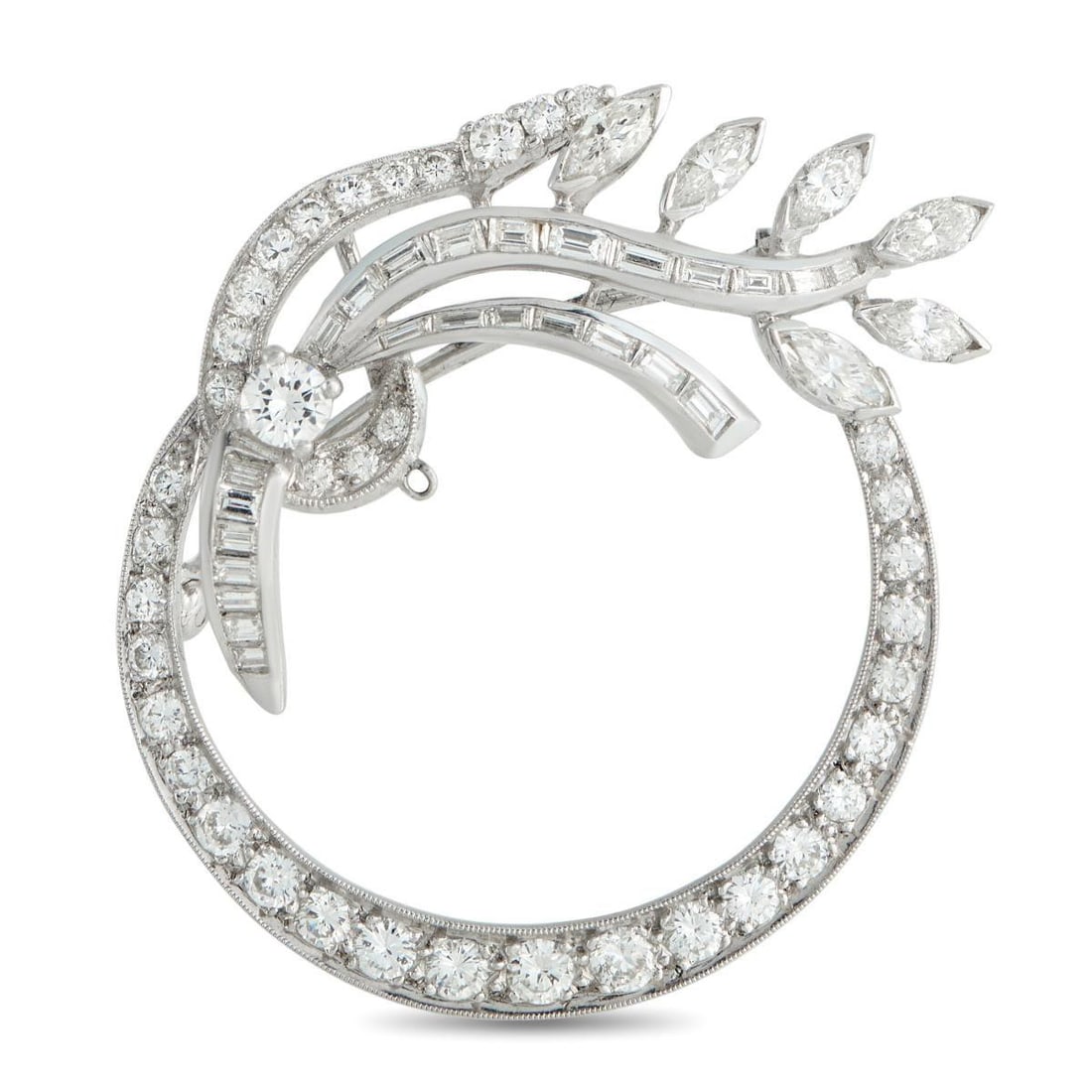 PLATINUM 3.50CT DIAMOND BROOCH: An intricate design makes this brooch a delicate luxury piece that will continually take your breath away. The circular Platinum setting seemingly radiates light thanks to sparkling Diamonds with a